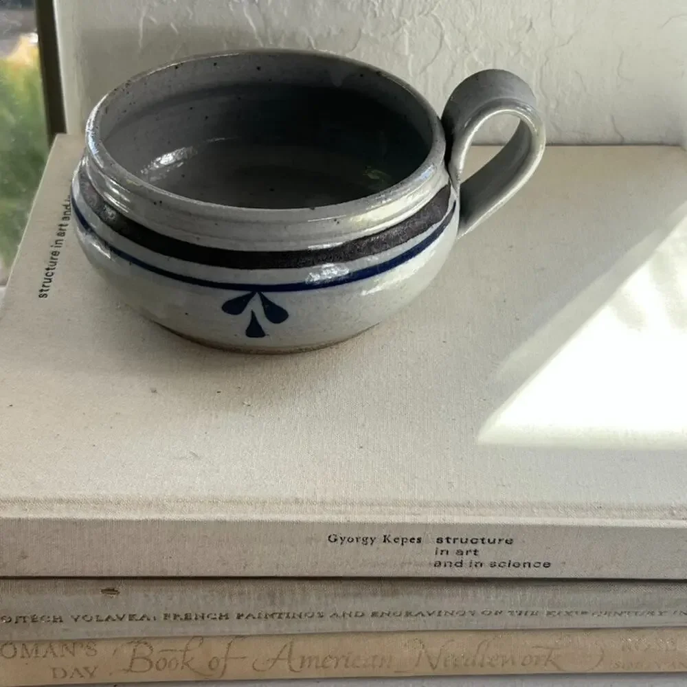 Studio Art Pottery Handmade Soup Bowl Handled Blue Striped Signed 5